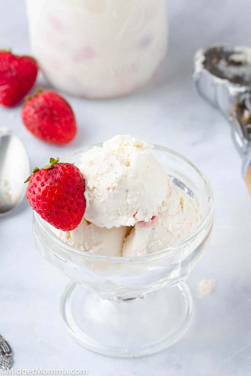a bowl of strawberry vanilla keto ice cream