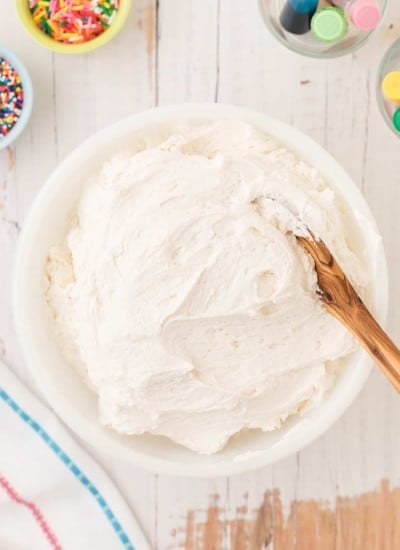 bowl of Vanilla bakery style buttercream Frosting