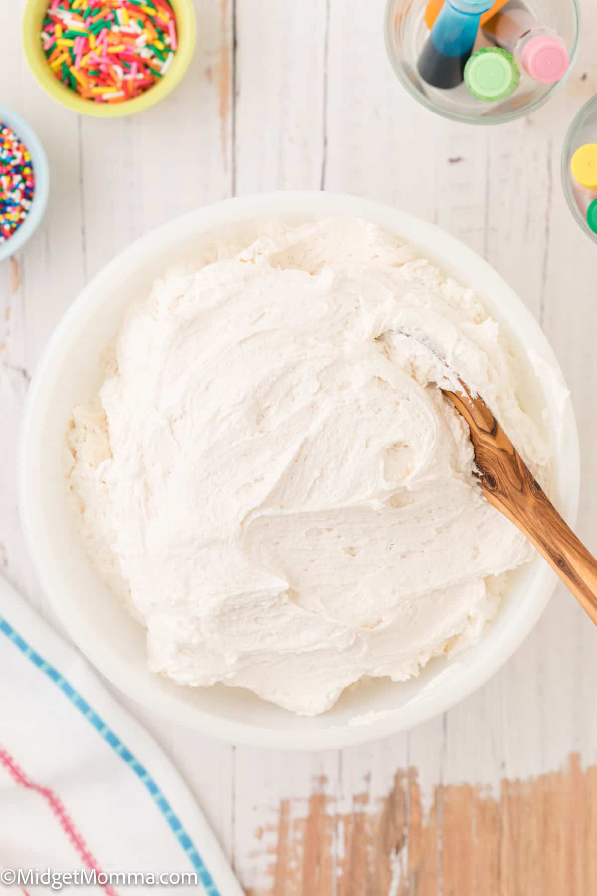 bowl of Vanilla bakery style buttercream Frosting