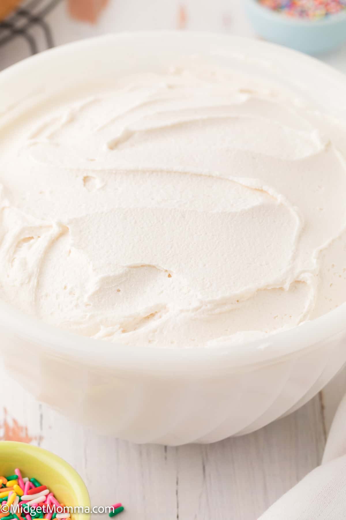 close up photo of Vanilla buttercream Frosting recipe in a bowl