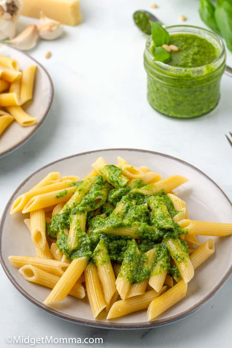 plate of pasta with homemade pesto on top