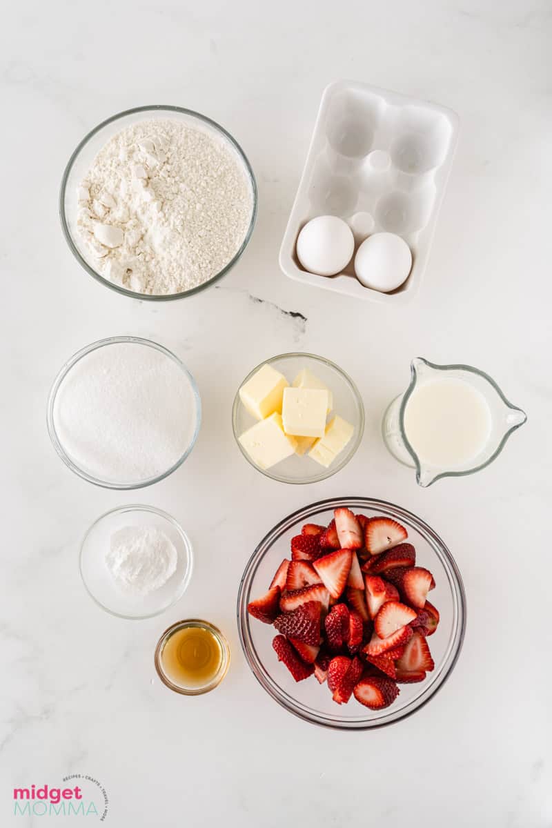 Strawberry Skillet Cake ingredients in bowls