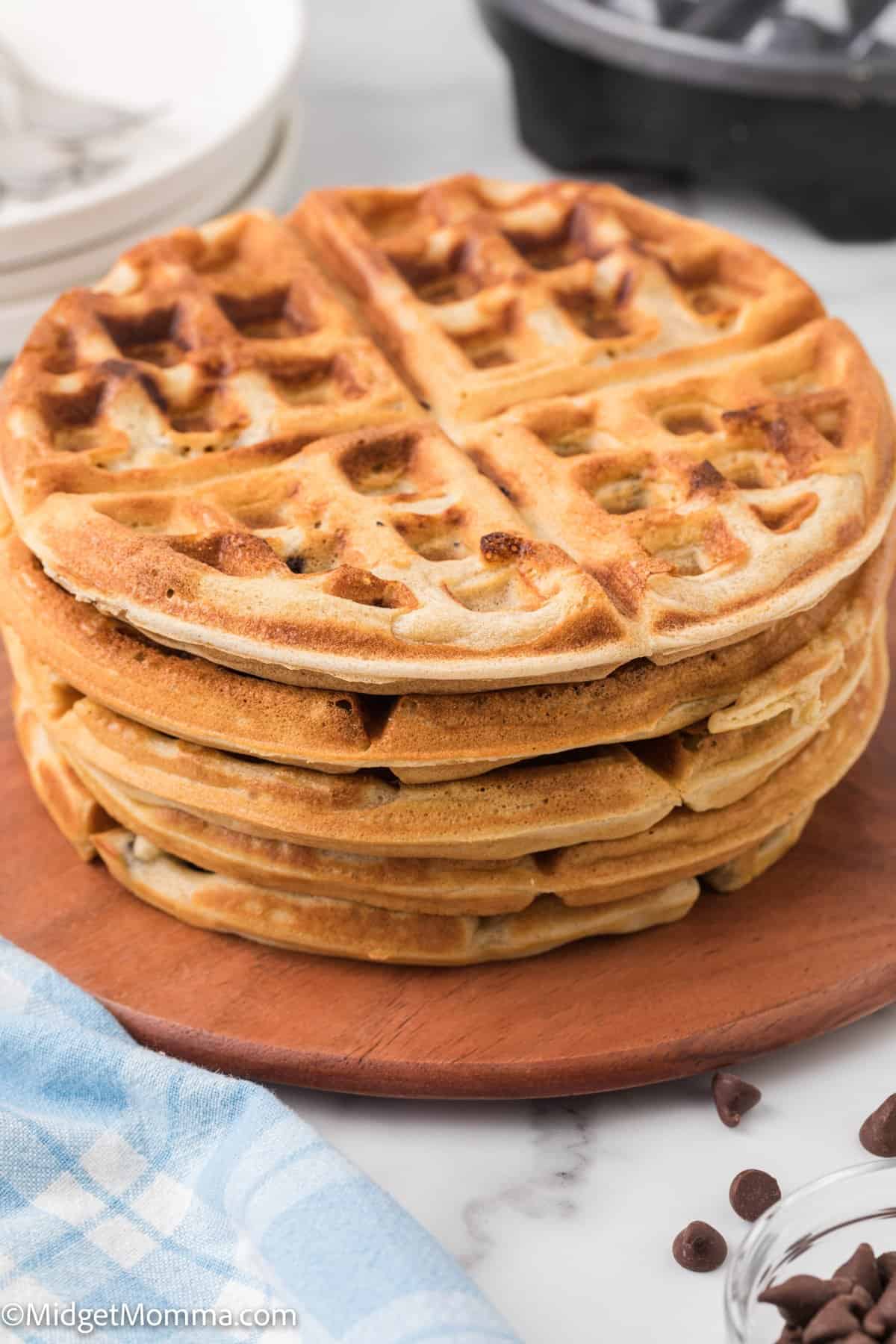 Chocolate Chip waffles stacked on a plate