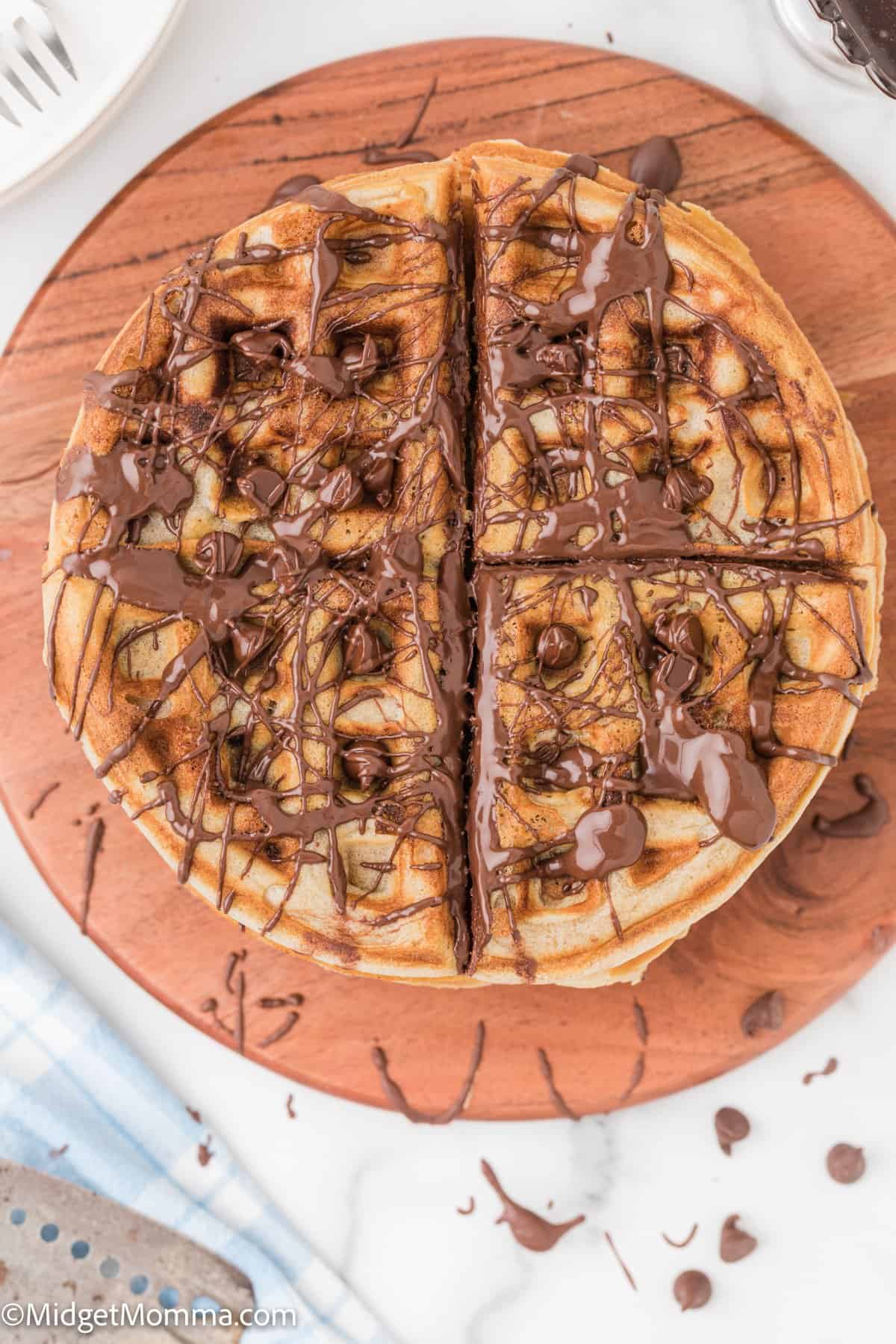 over head photo of Chocolate Chip waffles on a plate