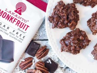 Low Carb Chocolate Cookies made with Lakanto chocolate bars on a plate with coconut, pecans and chocolate.
