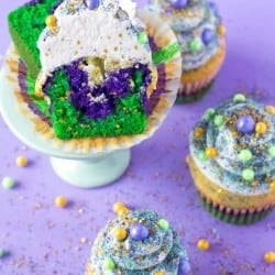 Mardi gras cupcakes with purple cake, green cake and yellow cake mix