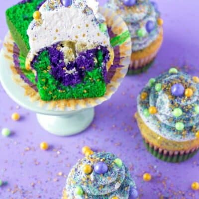 Mardi gras cupcakes with purple cake, green cake and yellow cake mix