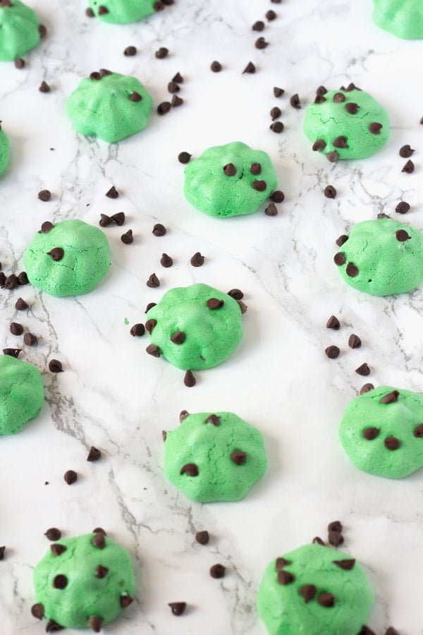 Mint Chocolate Chip Meringue Cookies on the kitchen counter