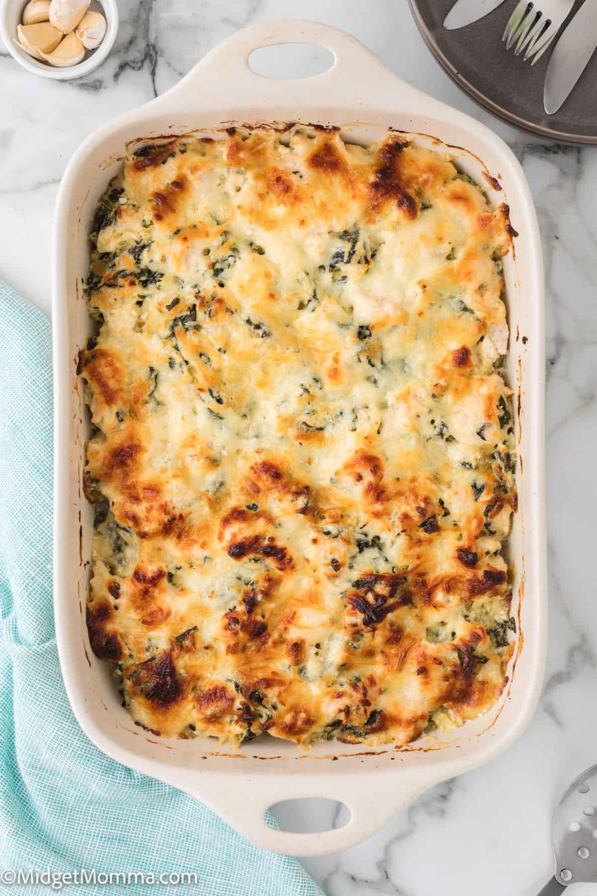 Spinach Artichoke Chicken Casserole recipe in a casserole dish