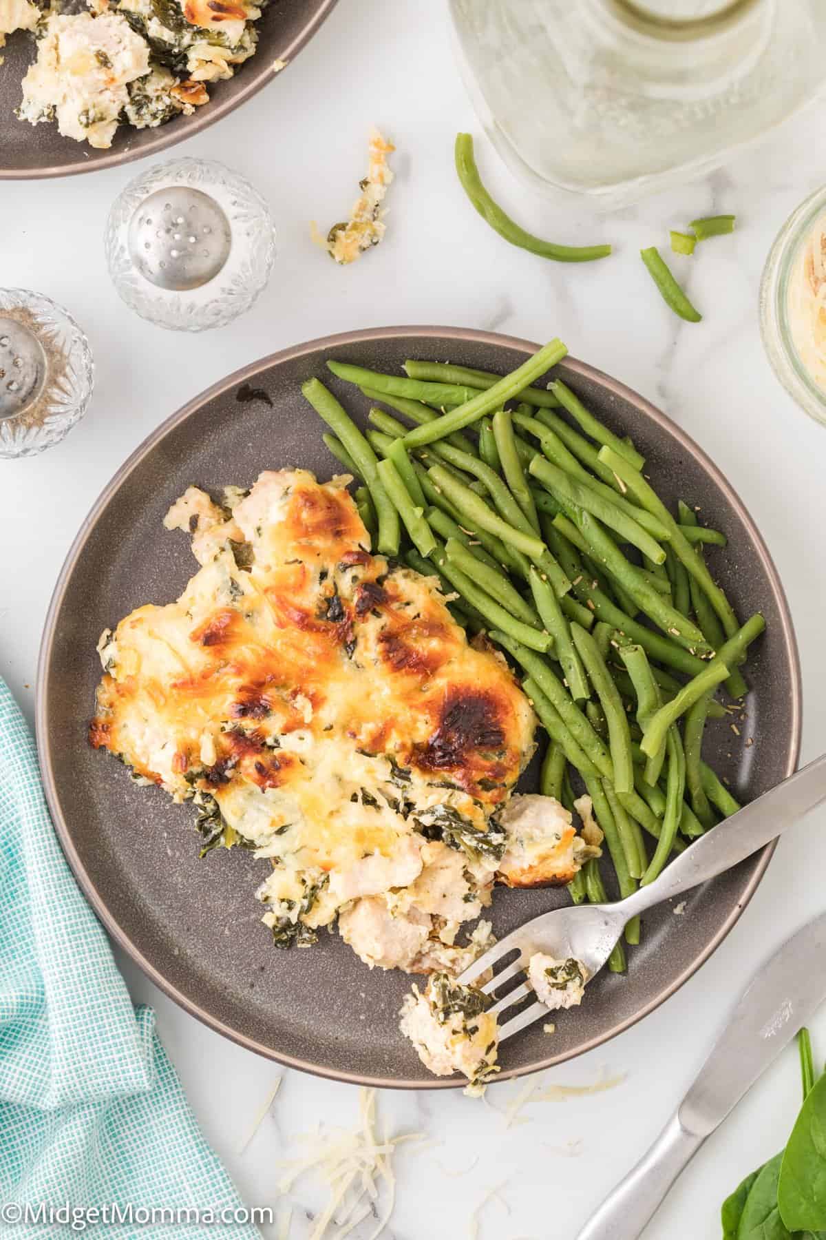 close up photo of Spinach Artichoke Chicken Casserole recipe