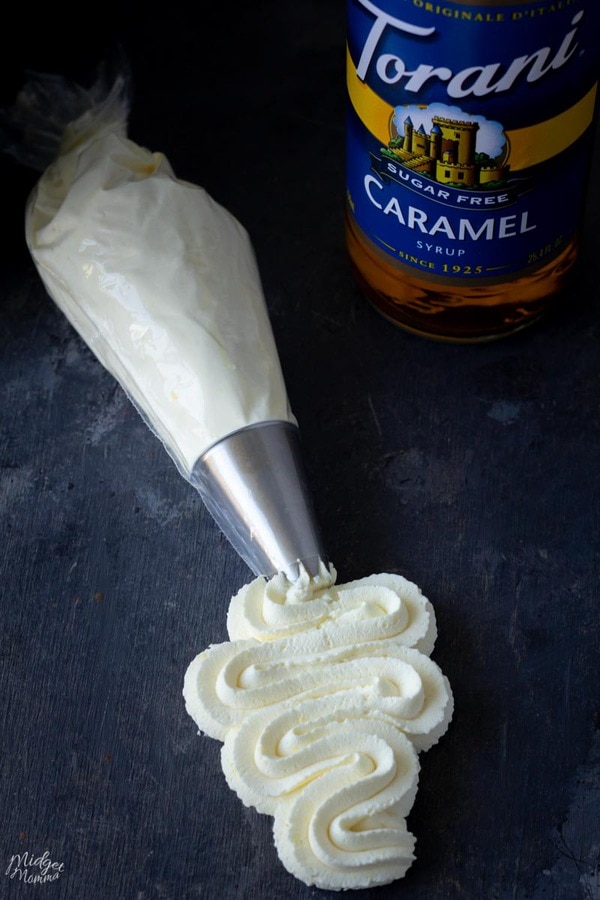 Sugar Free Caramel Frosting in a piping bag