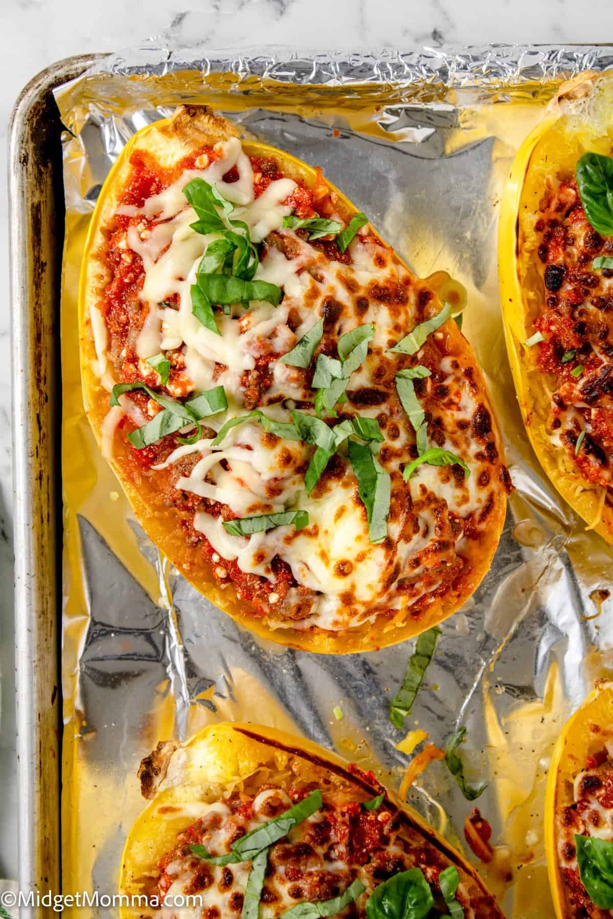 Baked Spaghetti Squash Lasagna on a baking sheet