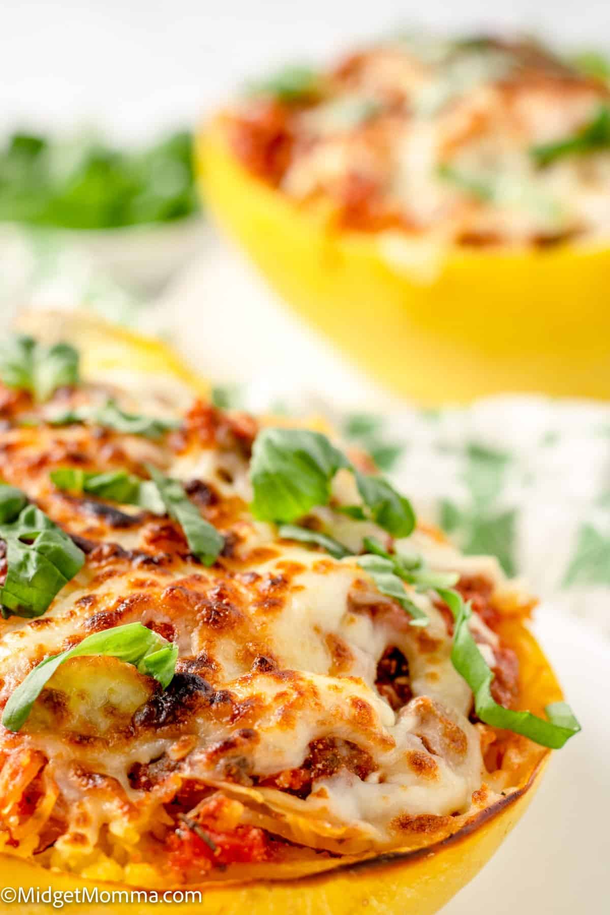 close up photo of spaghetti squash lasagna in the shell of a spaghetti squash