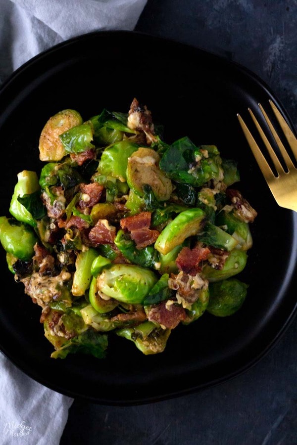 Cheesy Brussel Sprouts with Bacon on a plate