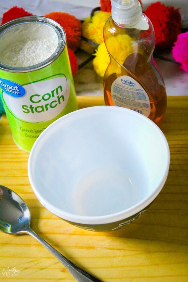 Dish soap slime supplies. Use liquid dish soap and cornstarch 
