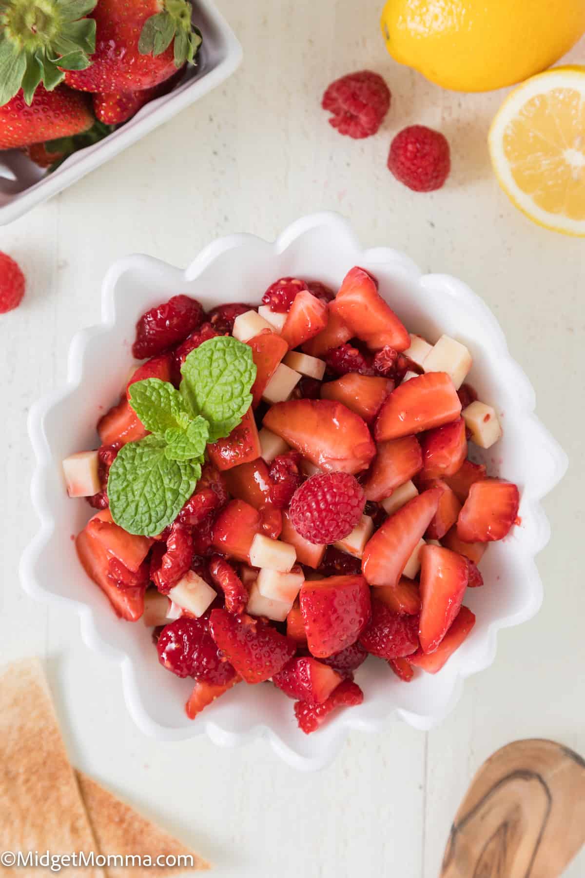 overhead photo of Strawberry Fruit Salsa Recipe with Raspberries in a bowl