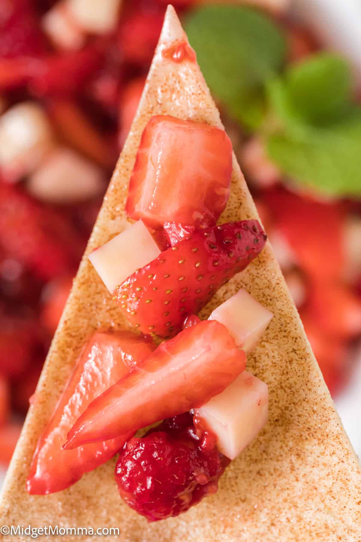 Cinnamon tortilla chip with Strawberry Fruit Salsa Recipe with Raspberries on top