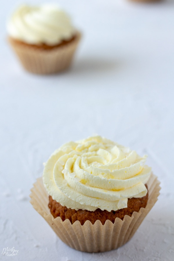 keto cupcakes on the counter, vanilla keto cupcake with keto caramel frosting