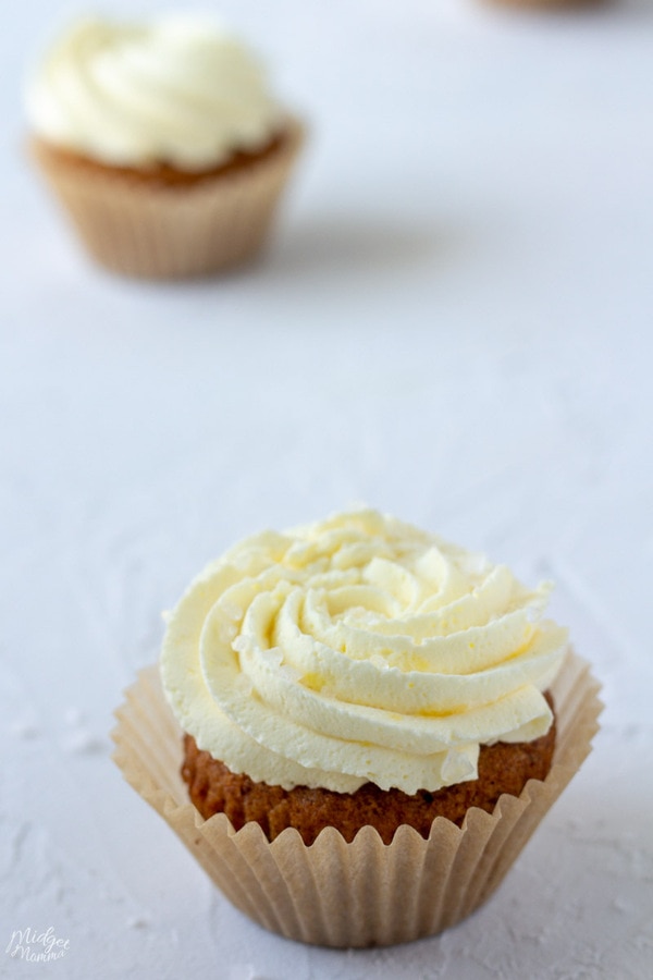 keto cupcakes on the counter, vanilla keto cupcake with keto caramel frosting