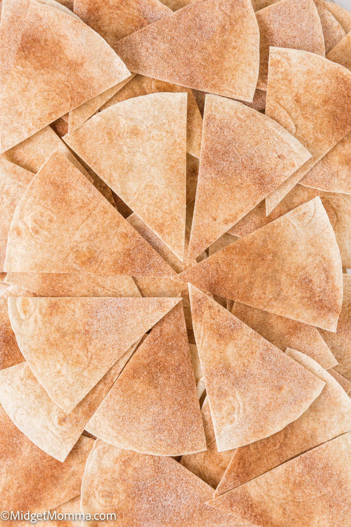 overhead photo of cinnamon sugar tortilla chips (churro chips)