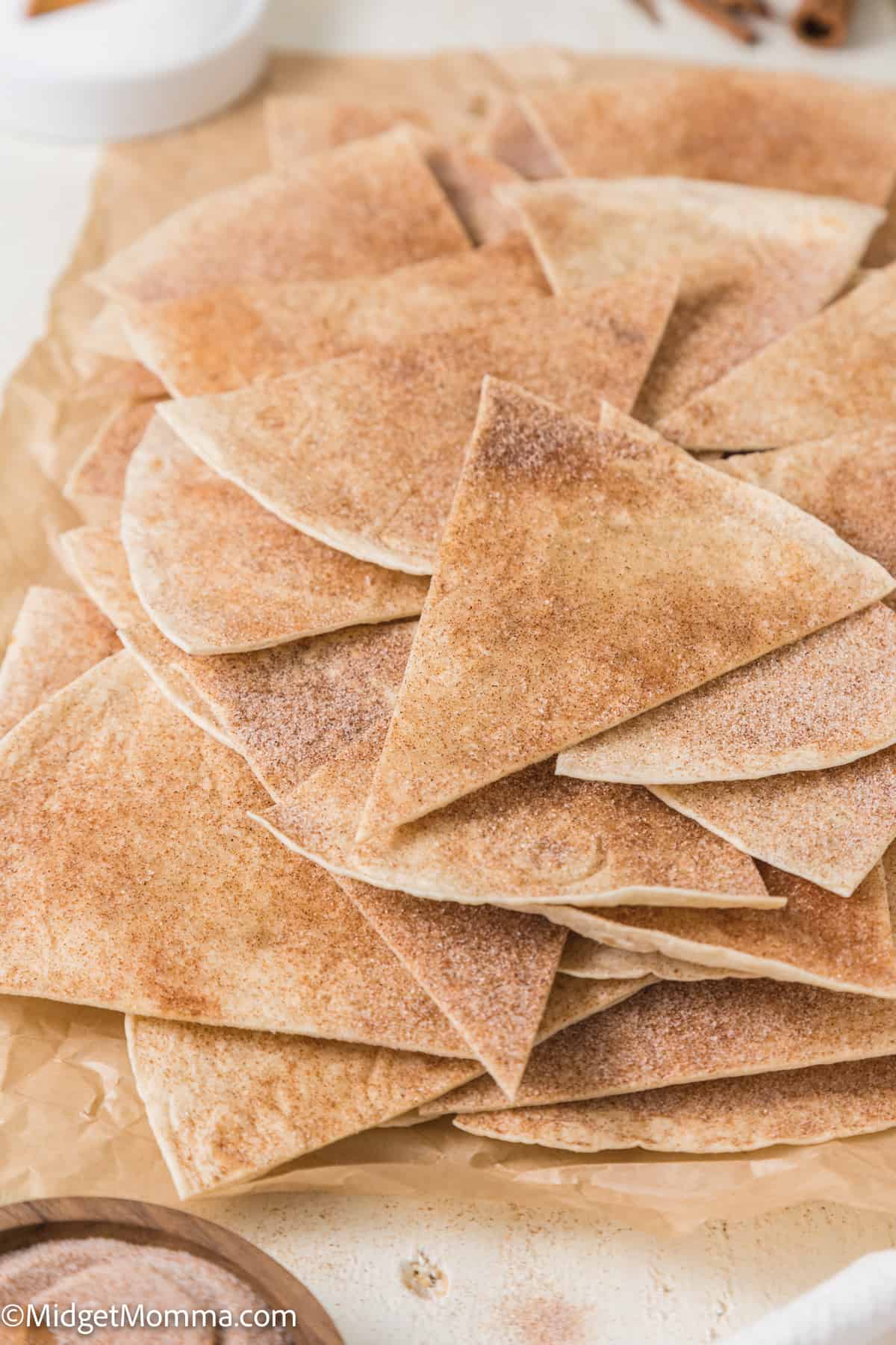 close up photo of cinnamon sugar tortilla chips