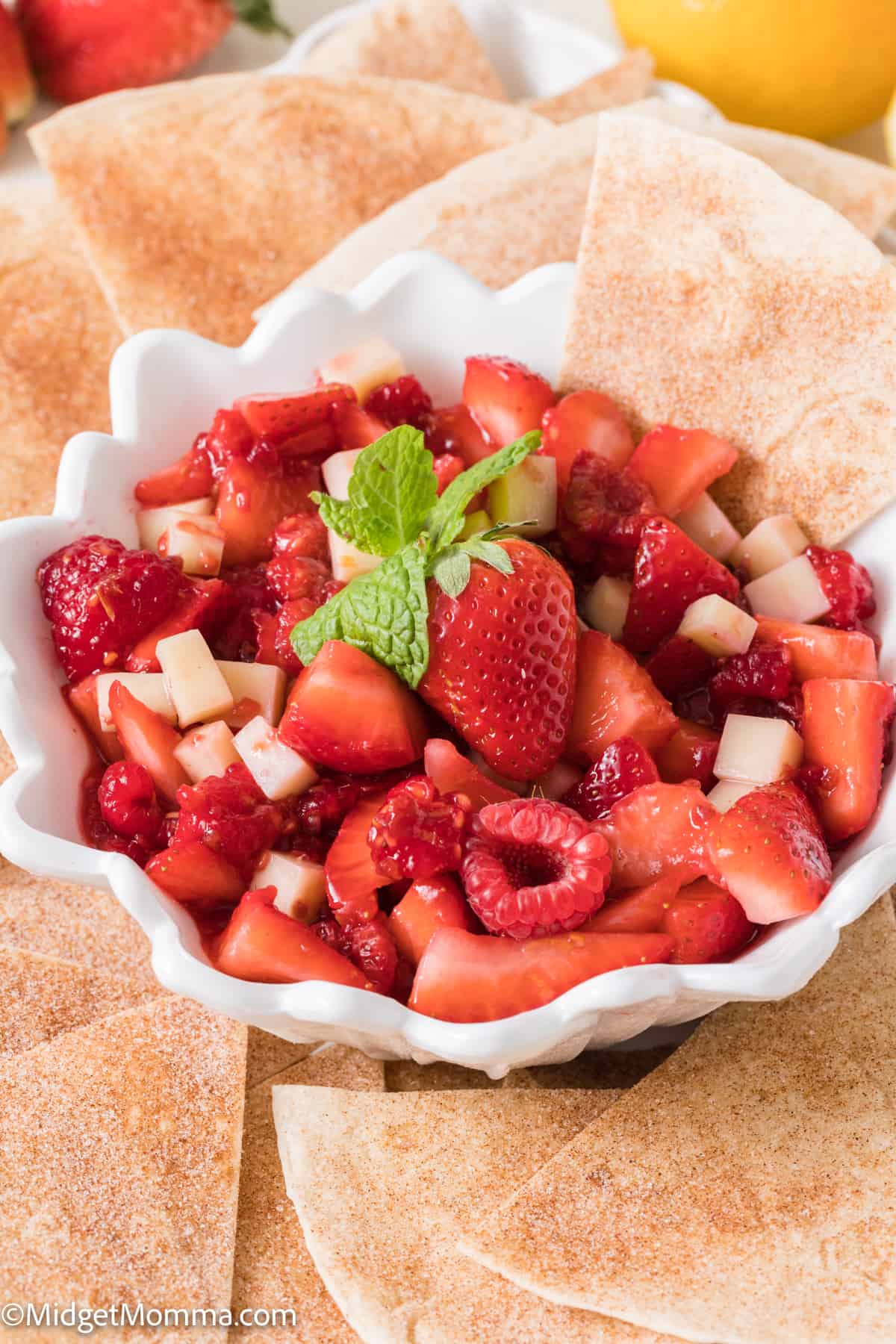 a bowl of strawberry dessert salsa surrounded by cinnamon sugar churro chips