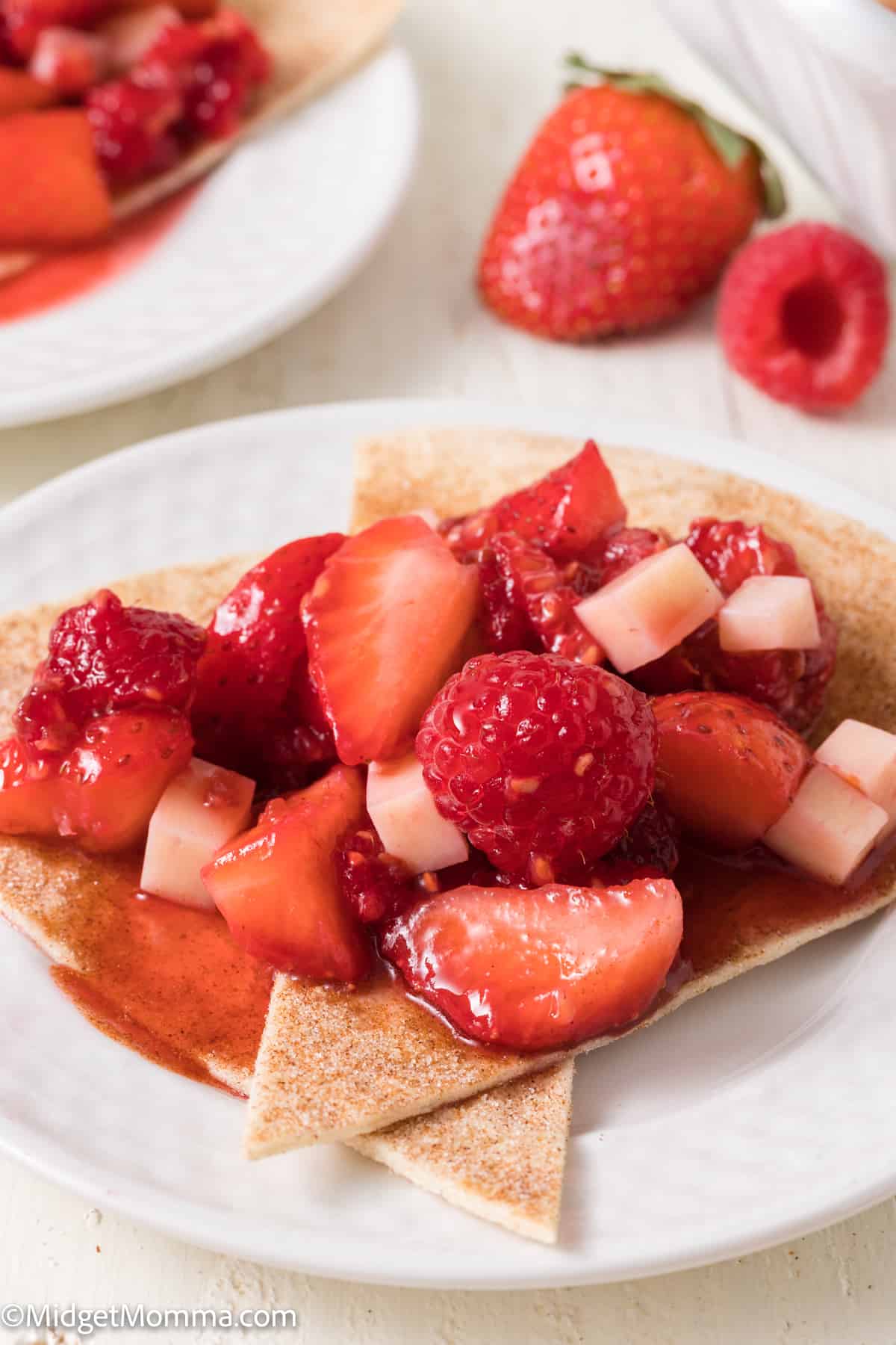 cinnamon sugar tortilla chips topped with strawberry dessert salsa