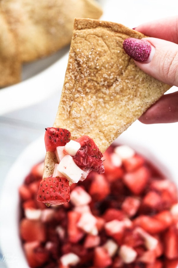 strawberry dessert salsa in a bowl with cinnamon sugar tortilla chips