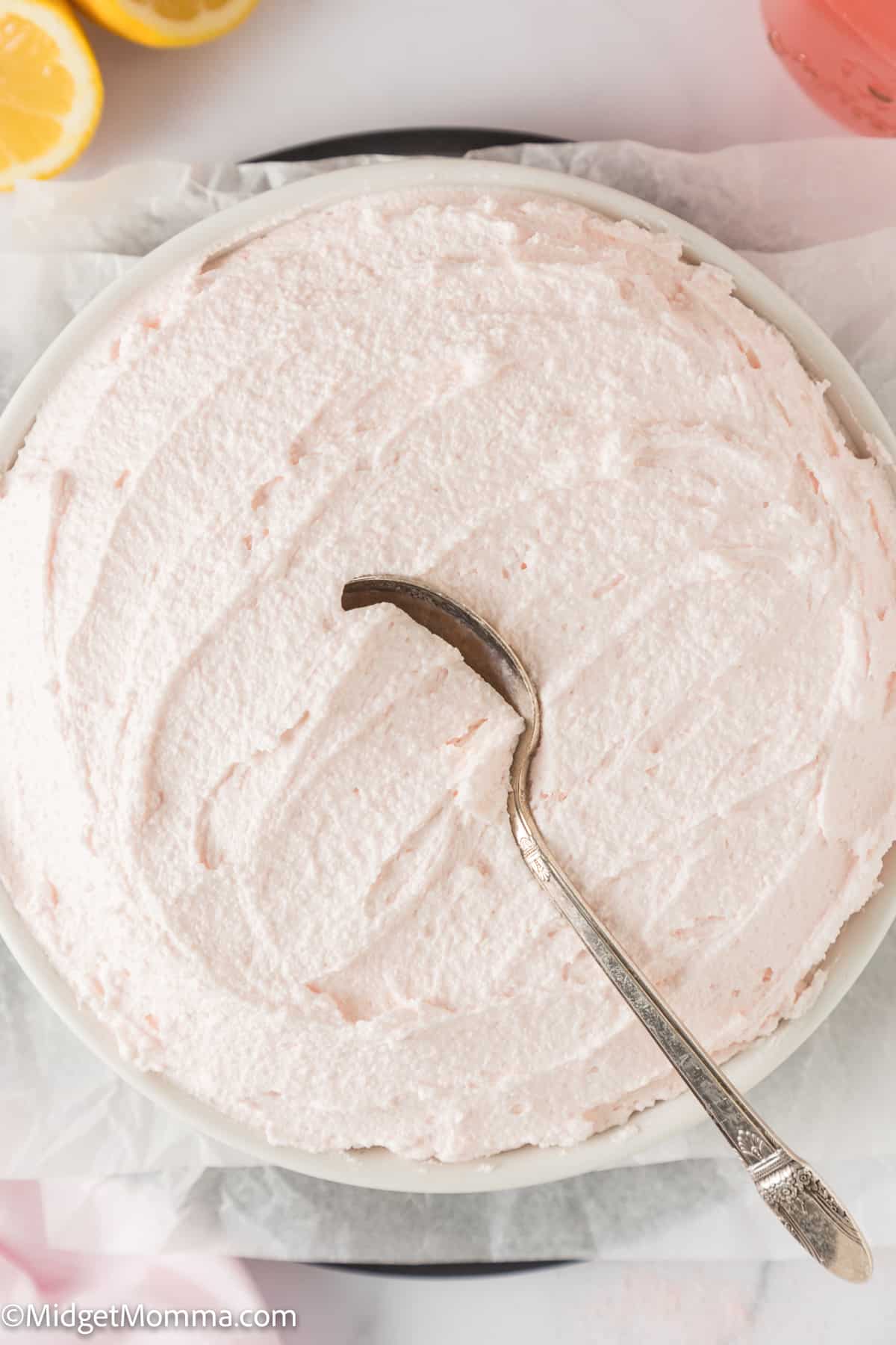 overhead photo of a bowl of Pink Lemonade buttercream frosting 