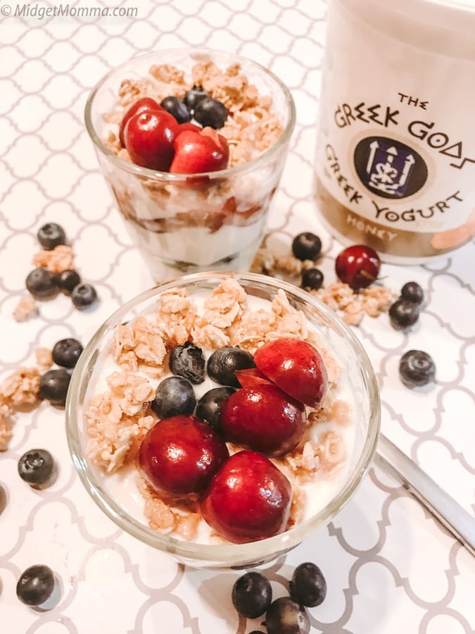 Fruit & Granola Greek Yogurt Parfaits with Greek GodsÂ® Greek-Style Yogurt topped with blueberries, cherries and granola