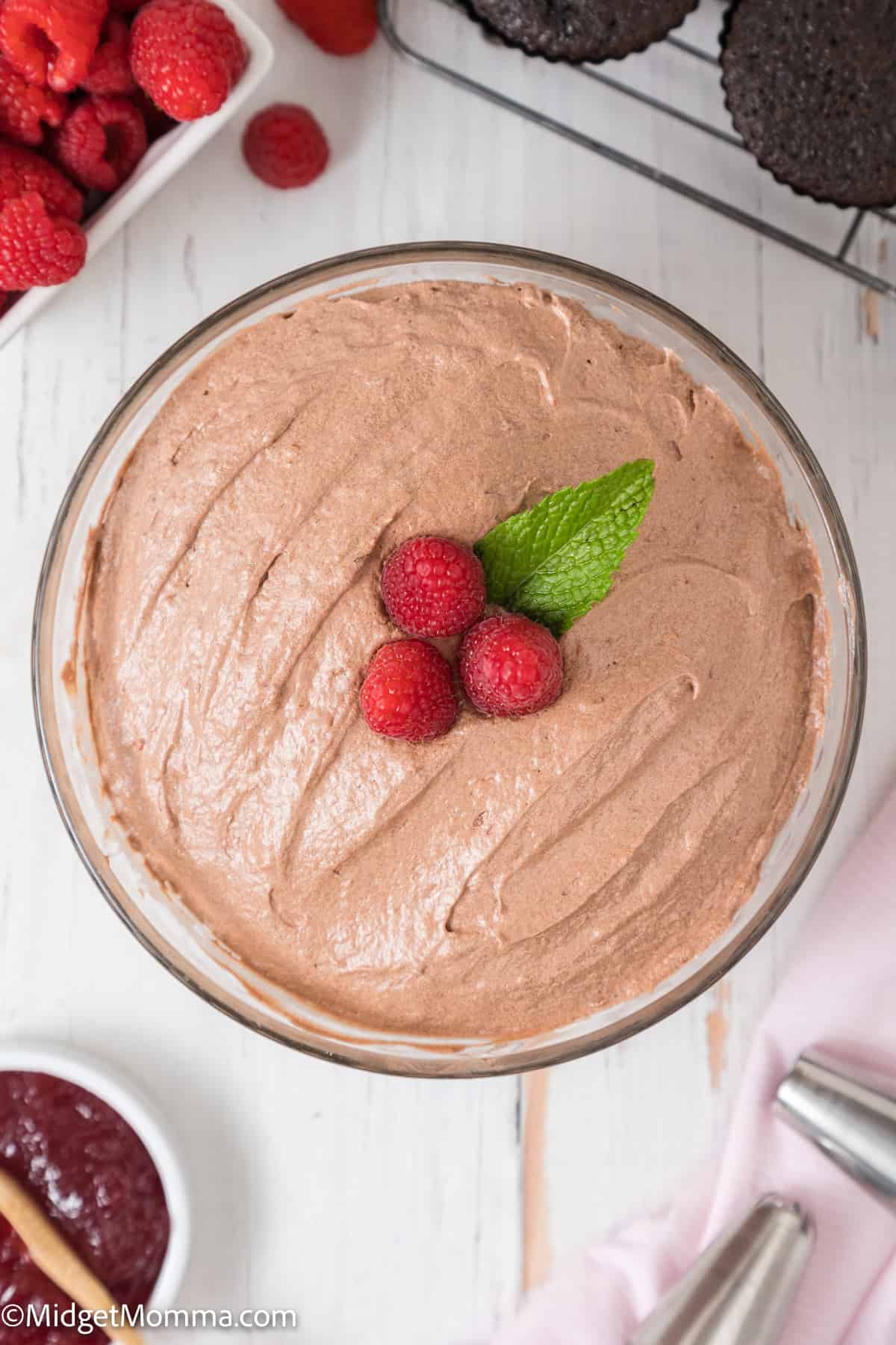 overhead photo of a bowl of Chocolate Raspberry buttercream Frosting