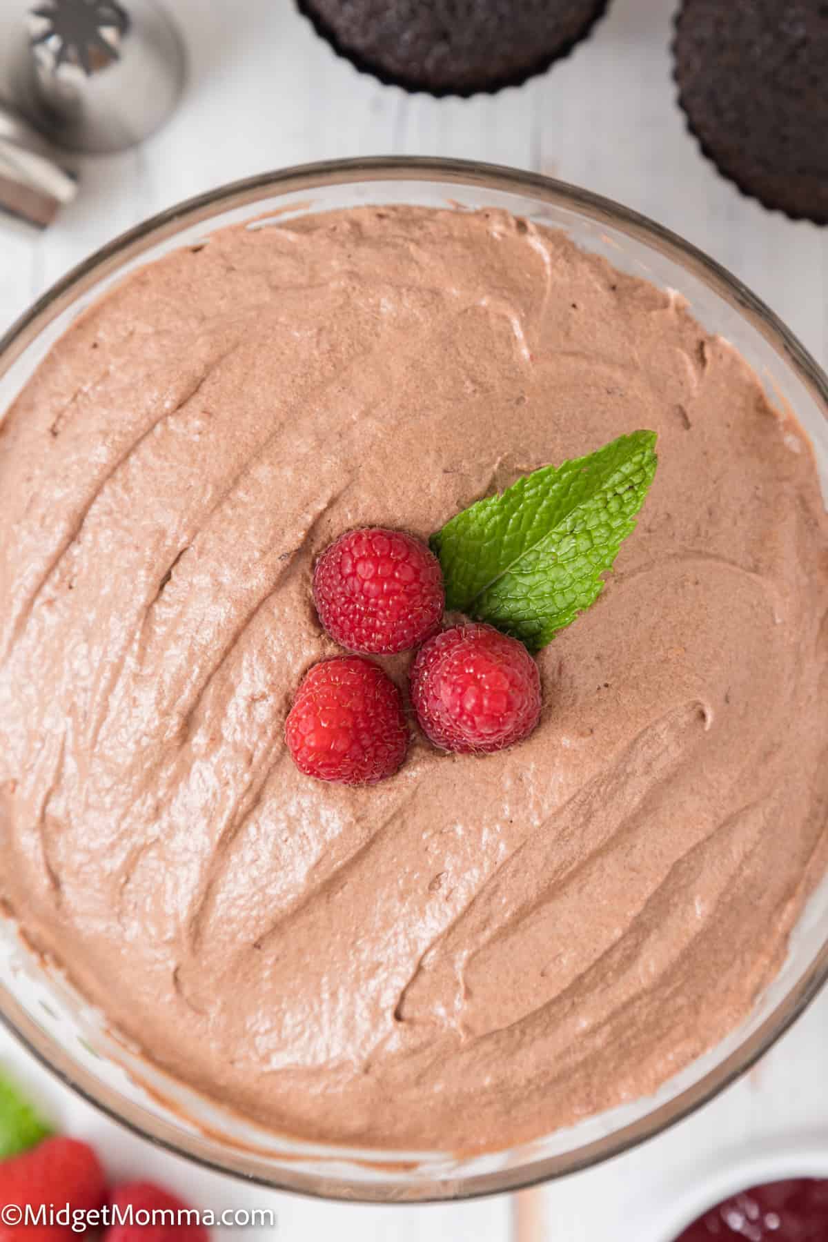 close up photo of Chocolate Raspberry buttercream Frosting in a bowl