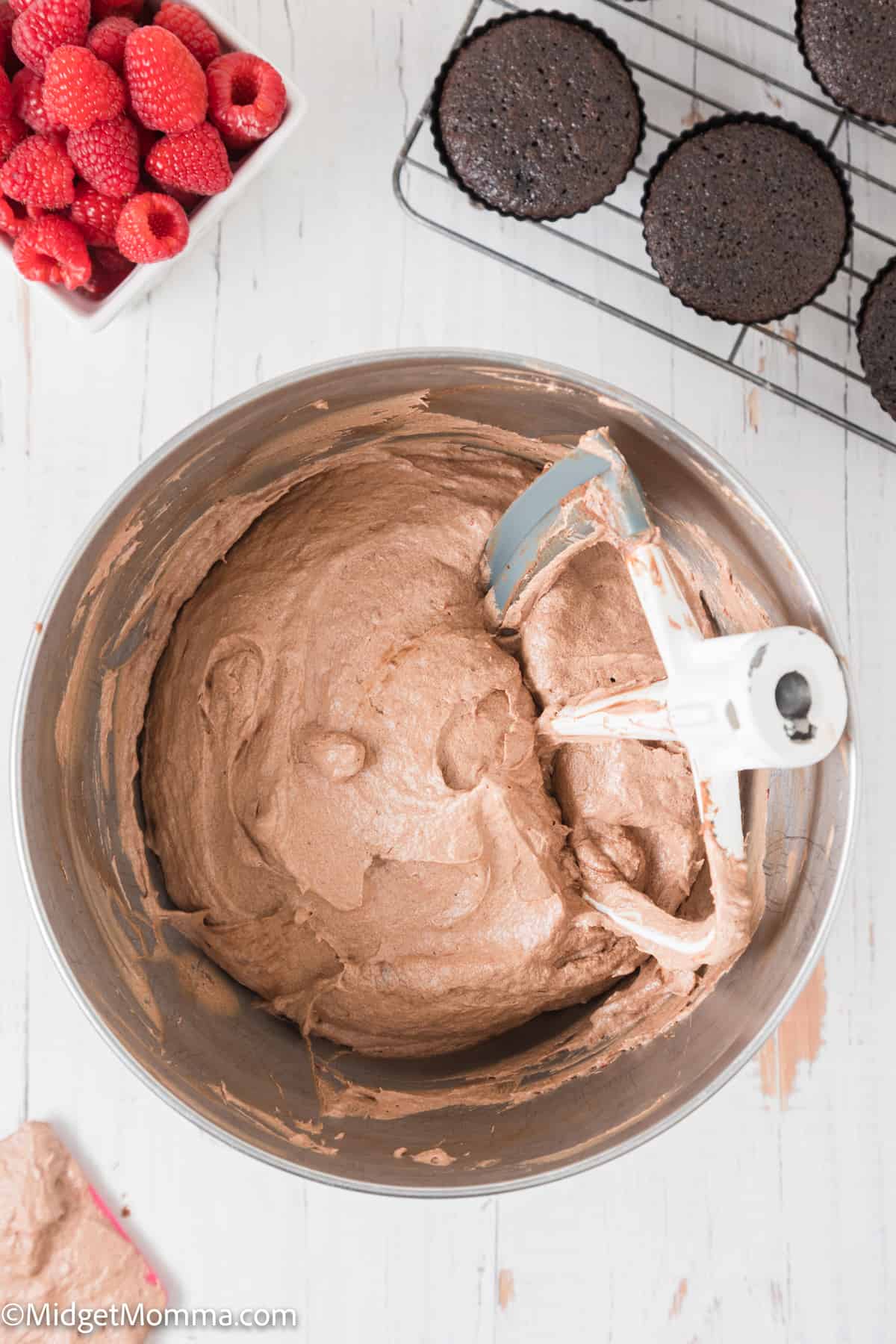 large bowl of fresh made Chocolate Raspberry buttercream Frosting