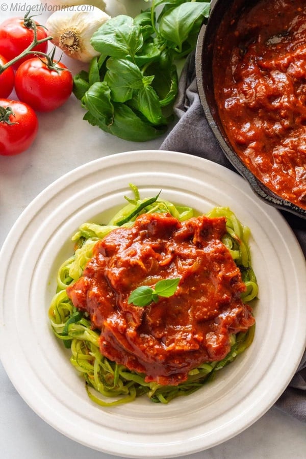 Zoodles with Spicy Bacon Tomato Sauce