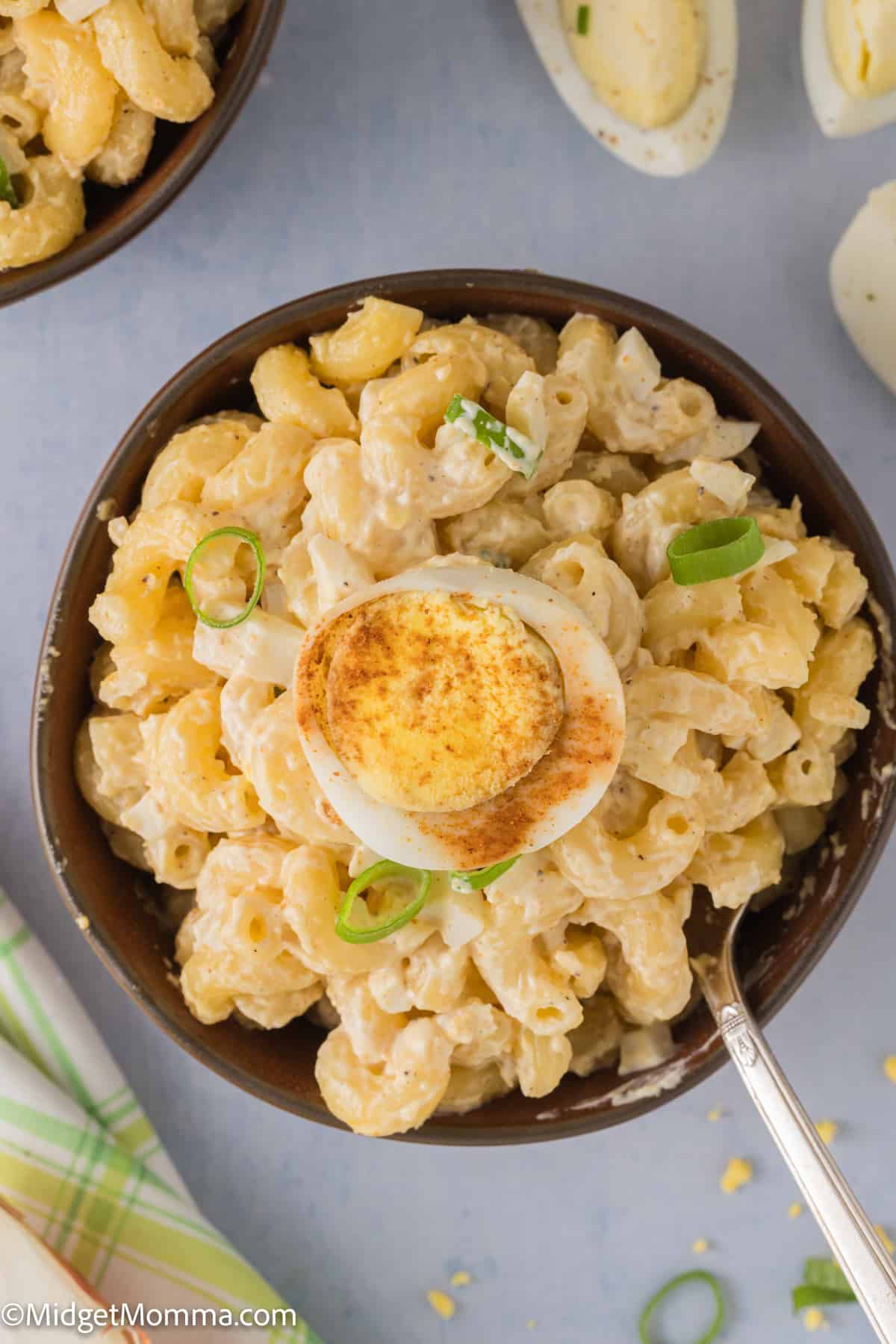 overhead photo of a bowl of Deviled Egg Pasta Salad 