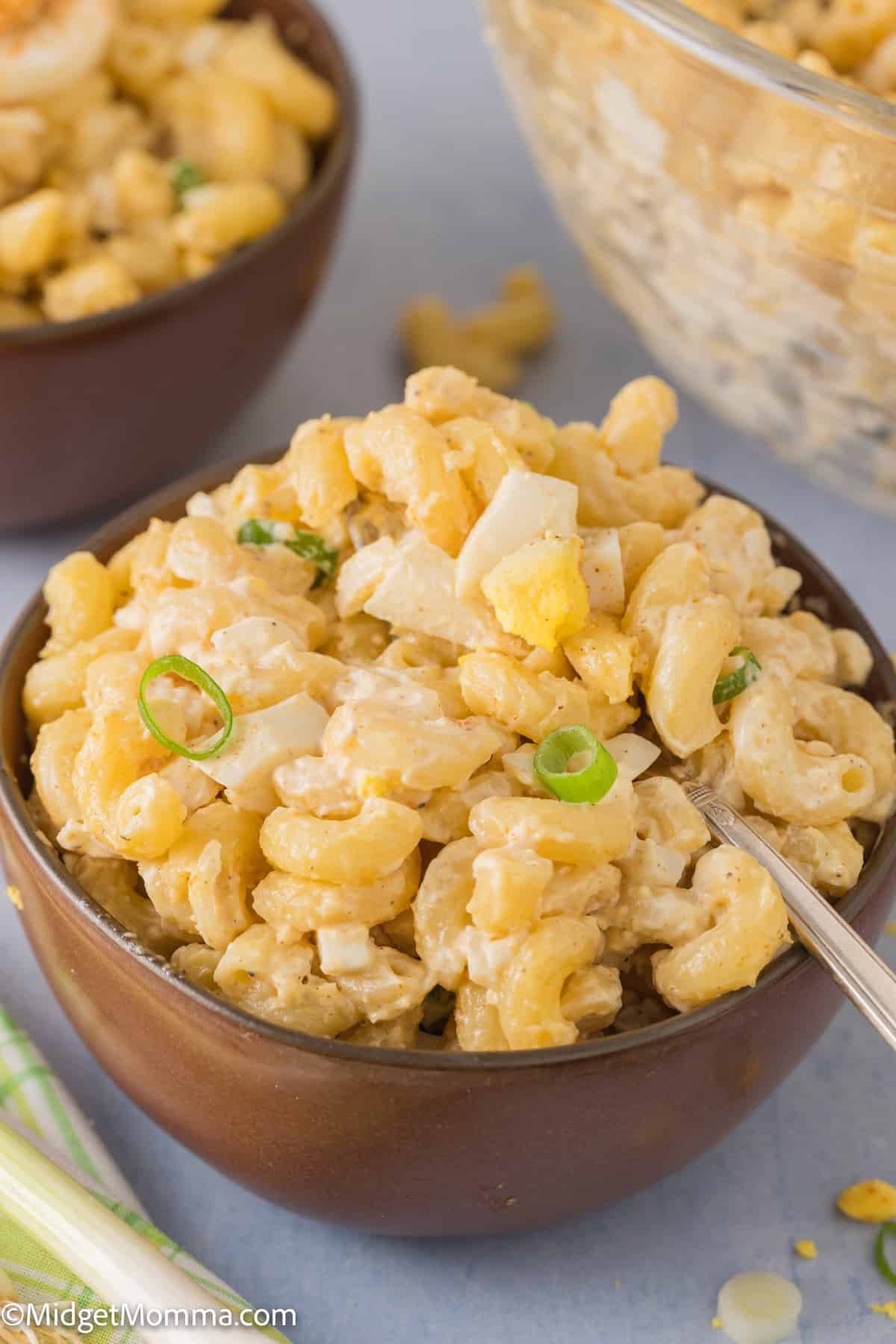 close up photo of a bowl of Deviled Egg Pasta Salad