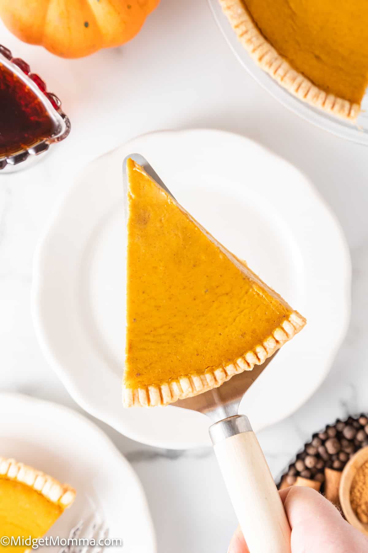 slice of Maple Pumpkin Pie on a serving utensil