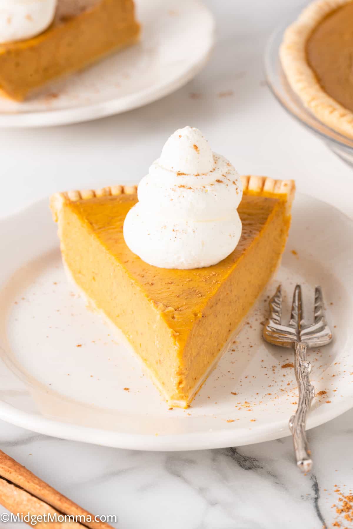 Front view photo of a slice of Maple Pumpkin Pie topped with whipped cream