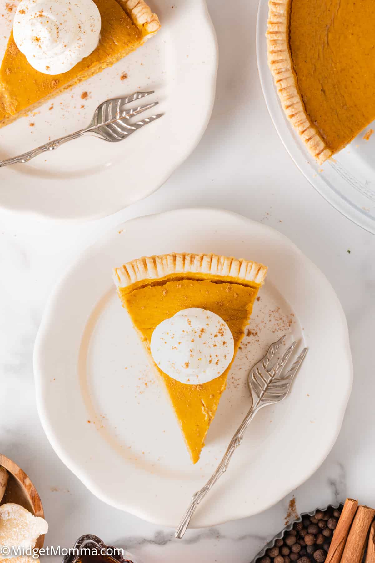 overhead photo of a slice of Maple Pumpkin Pie 