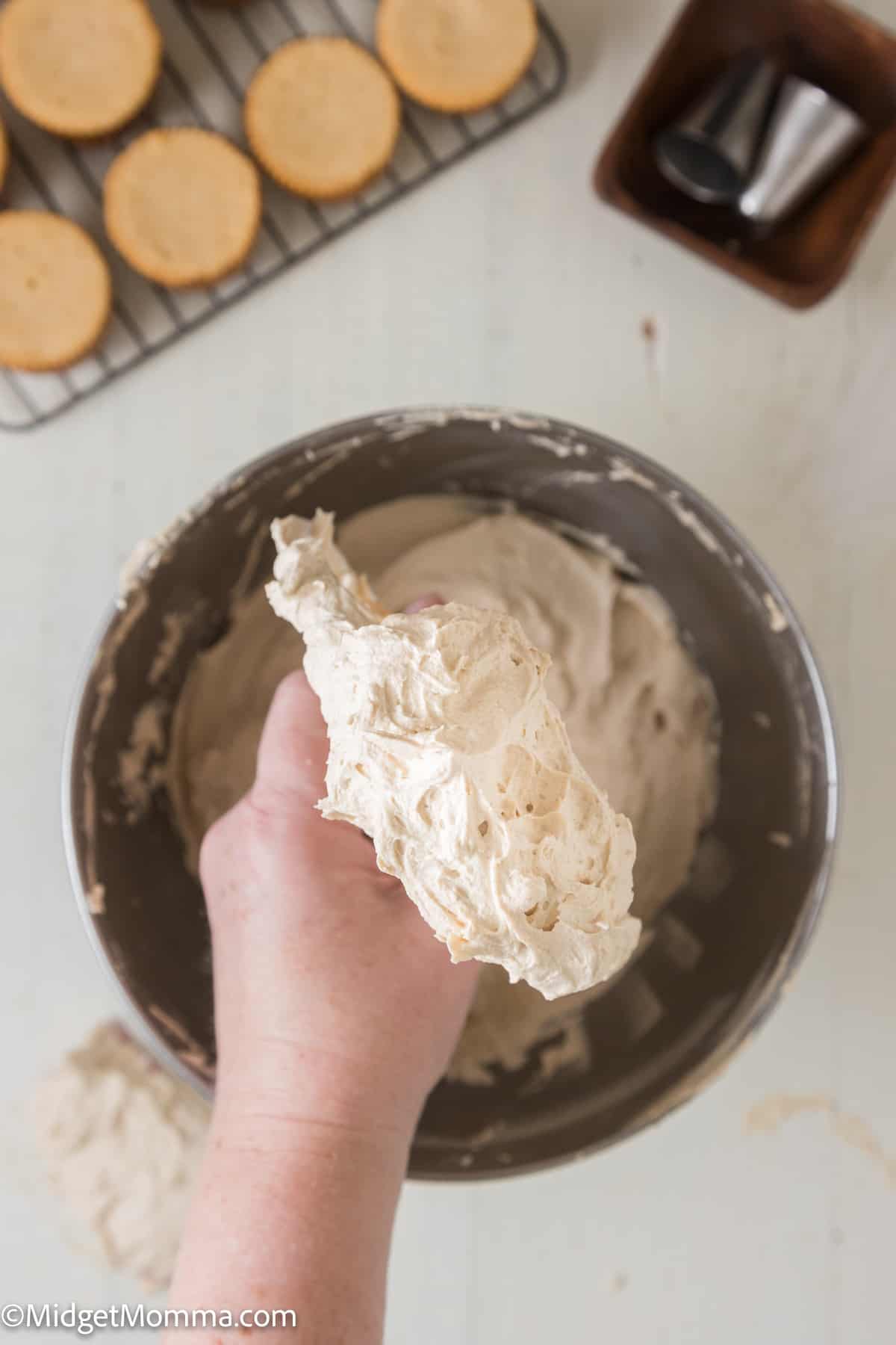 overhead photo of a stand mixer paddle attachment covered in Peanut butter buttercream frosting 