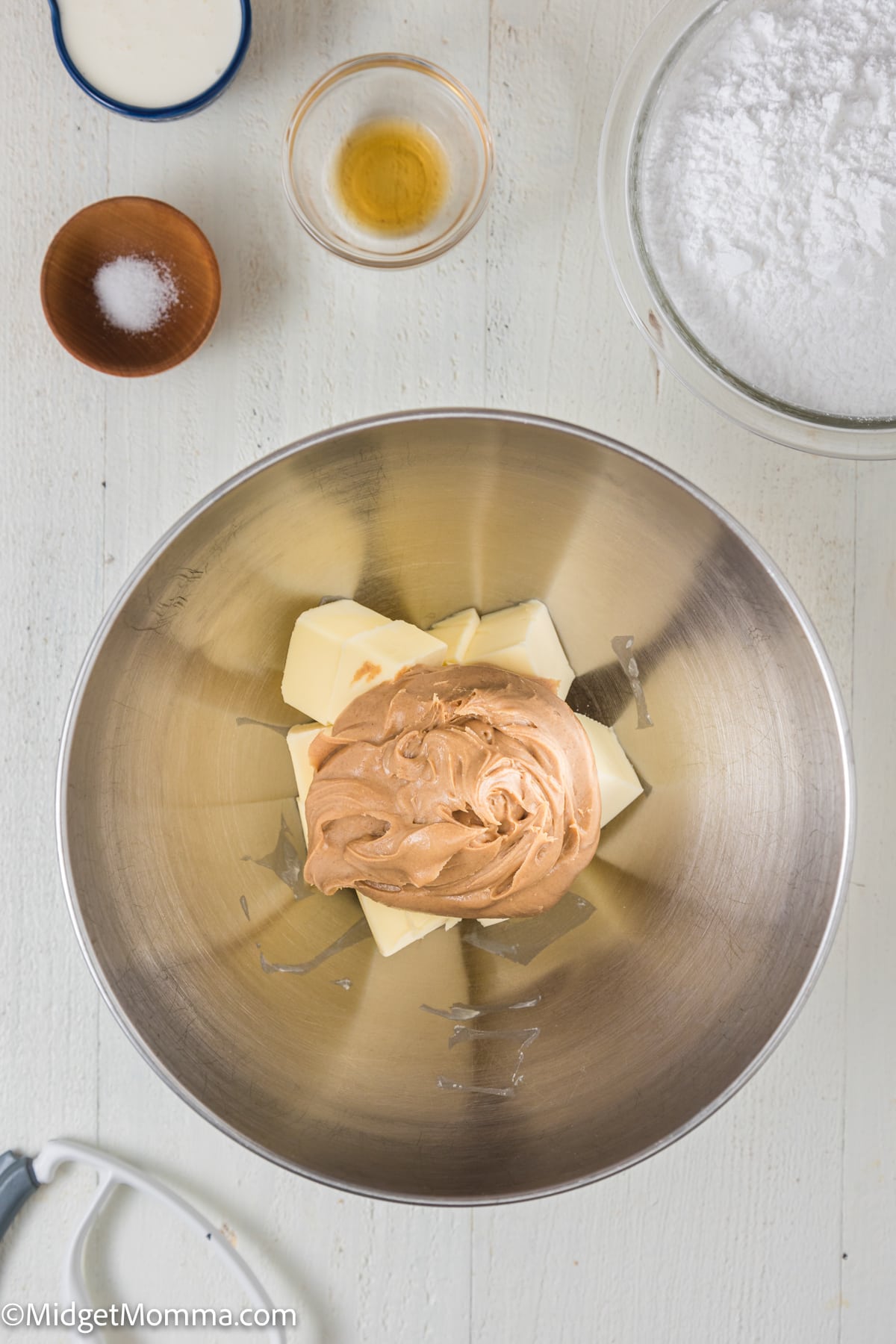 butter and peanut butter in the bowl of a stand mixer