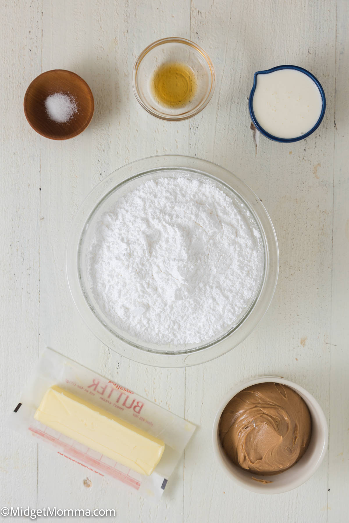 overhead photo of the Peanut butter buttercream frosting recipe ingredients on a counter