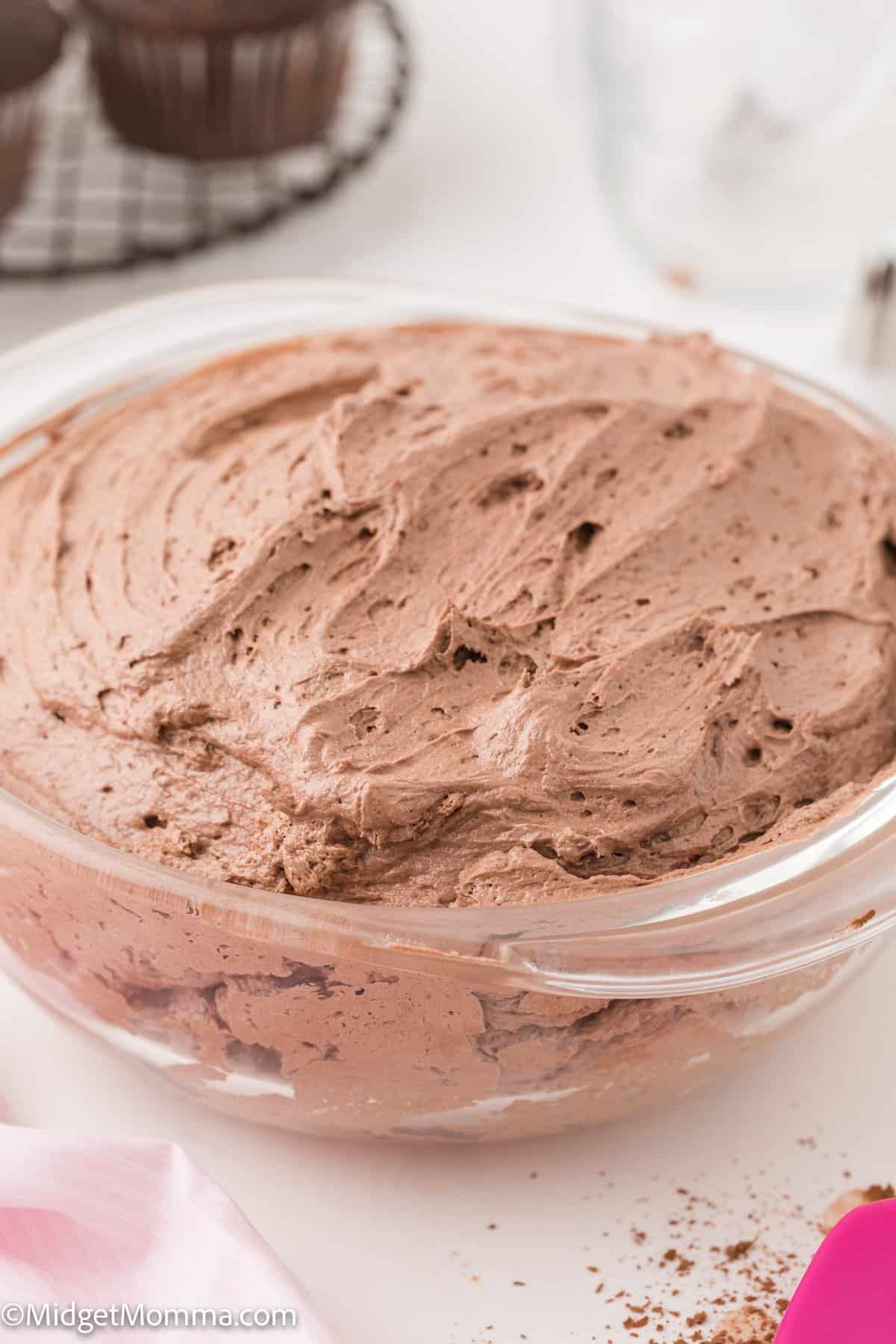bowl of fresh made, rich chocolate buttercream frosting.