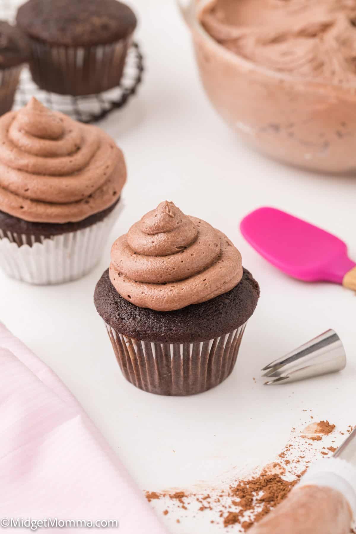 Chocolate cupcake frosted with homemade chocolate buttercream frosting.