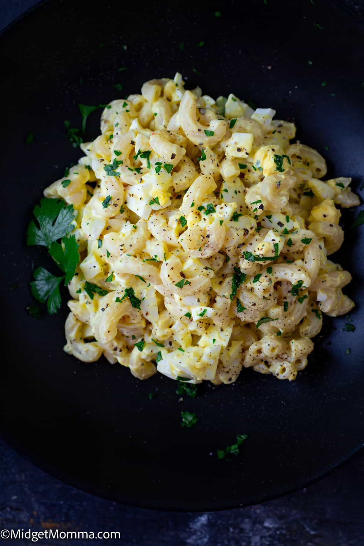 overhead photo of egg salad pasta salad in a bowl