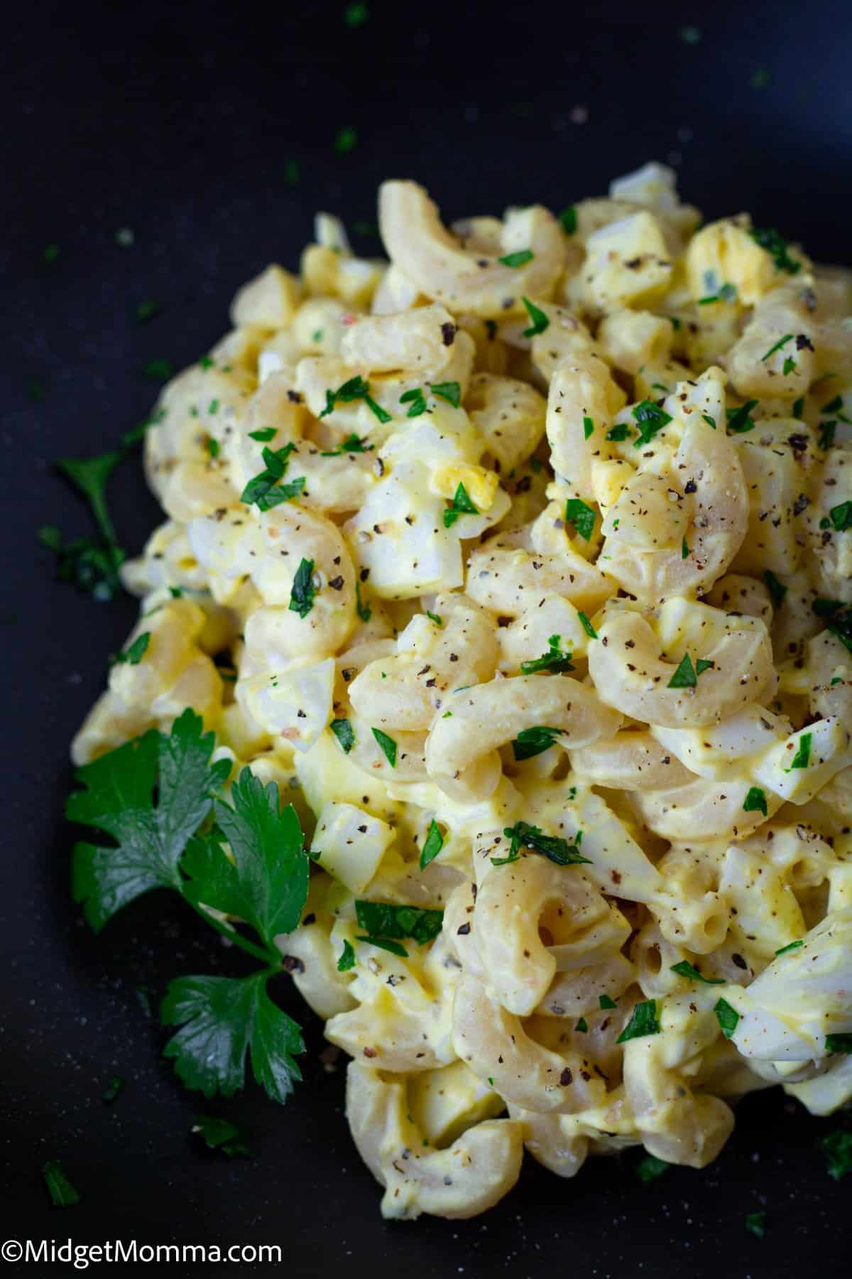 close up photo of egg salad pasta salad recipe