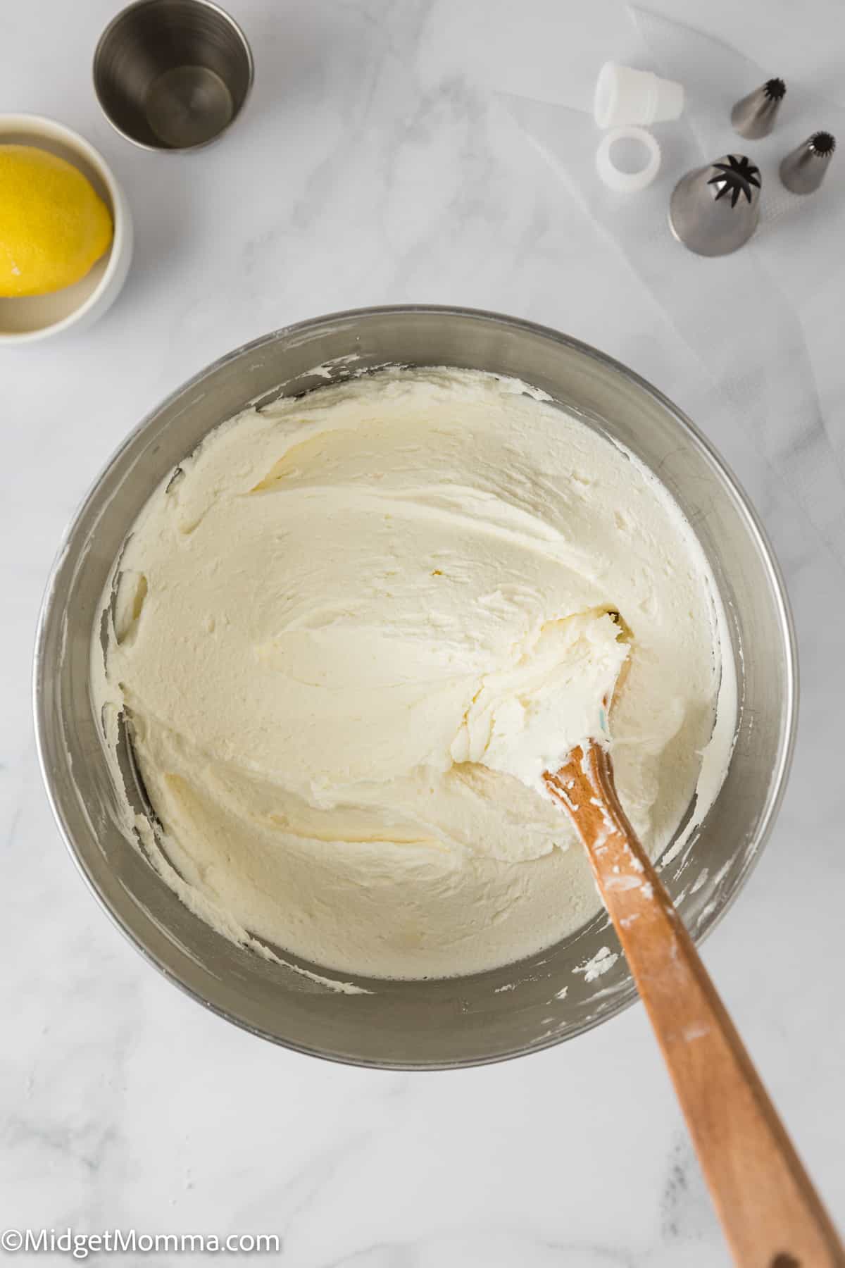 stand mixer bowl of finished frosting 