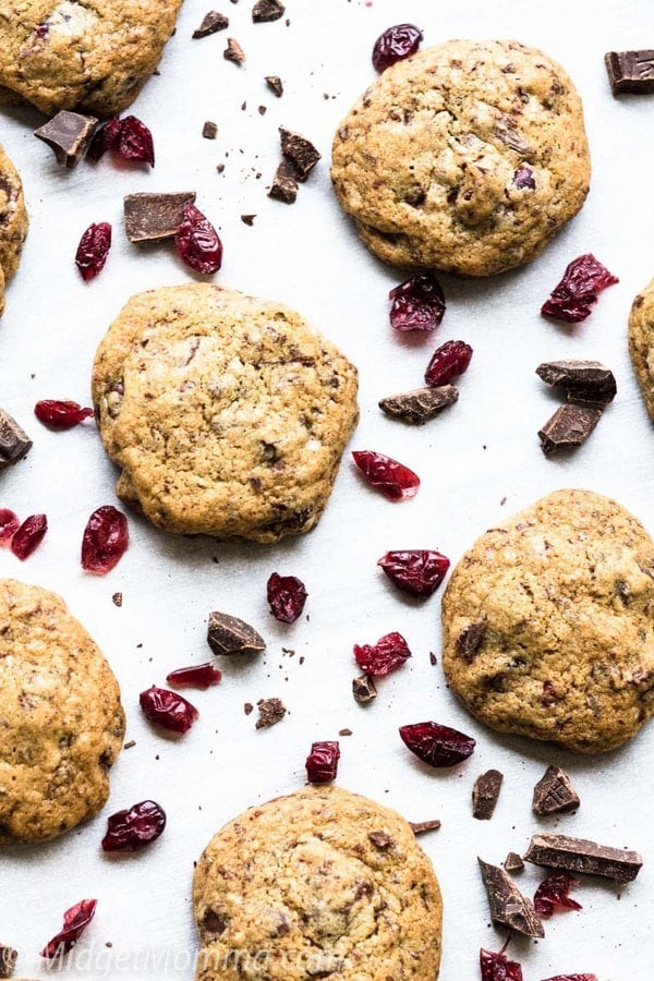 Cherry Chocolate Chip Cookies on a baking sheet