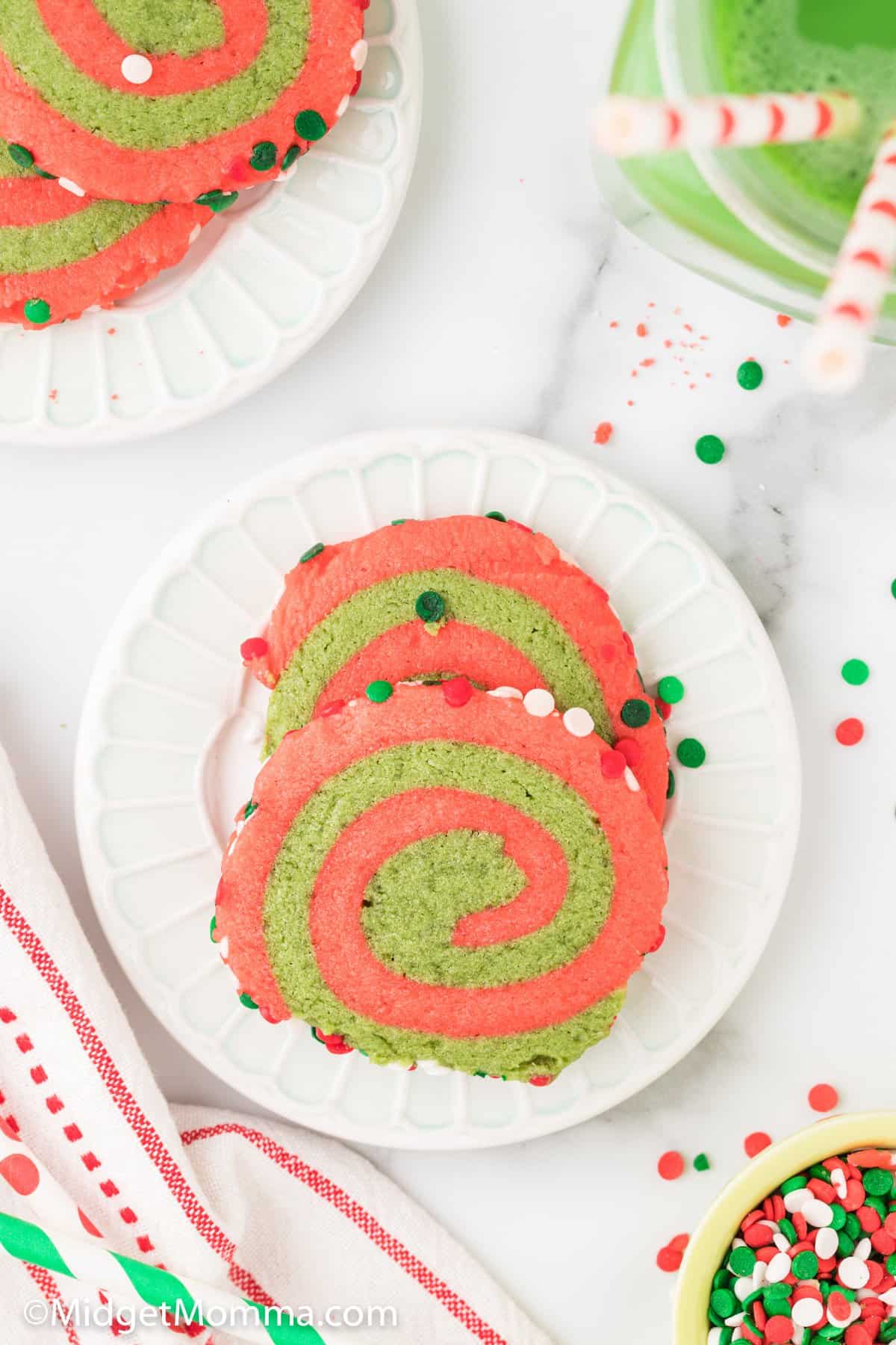 overhead photo of christmas pinwheel cookies on a plate