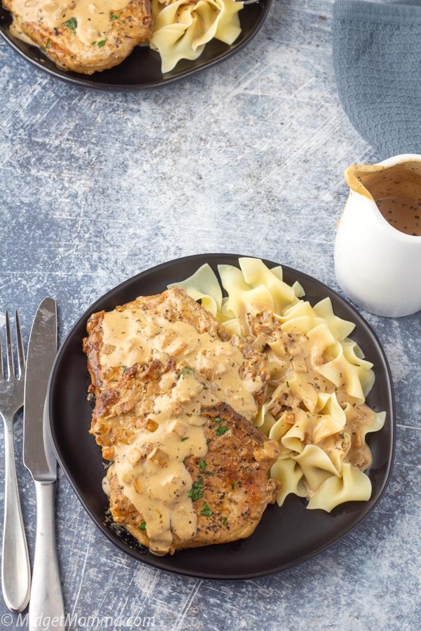 garlic parmesan pork chops with a side of egg noodles